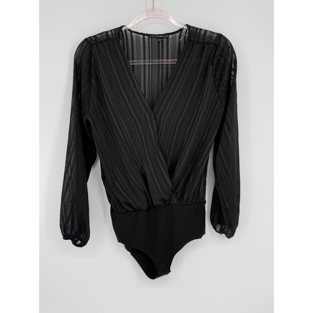 Haute Monde Black Long Sleeve V Neck Blouse Wrap Bodysuit Womens Size S Pretty!